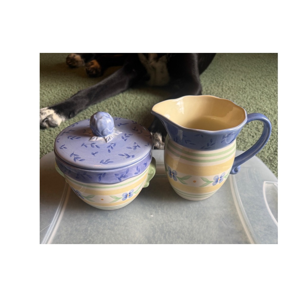 Pfaltzgraff Floral Cream and Sugar Set Blue Yellow Green Stoneware 2 Piece